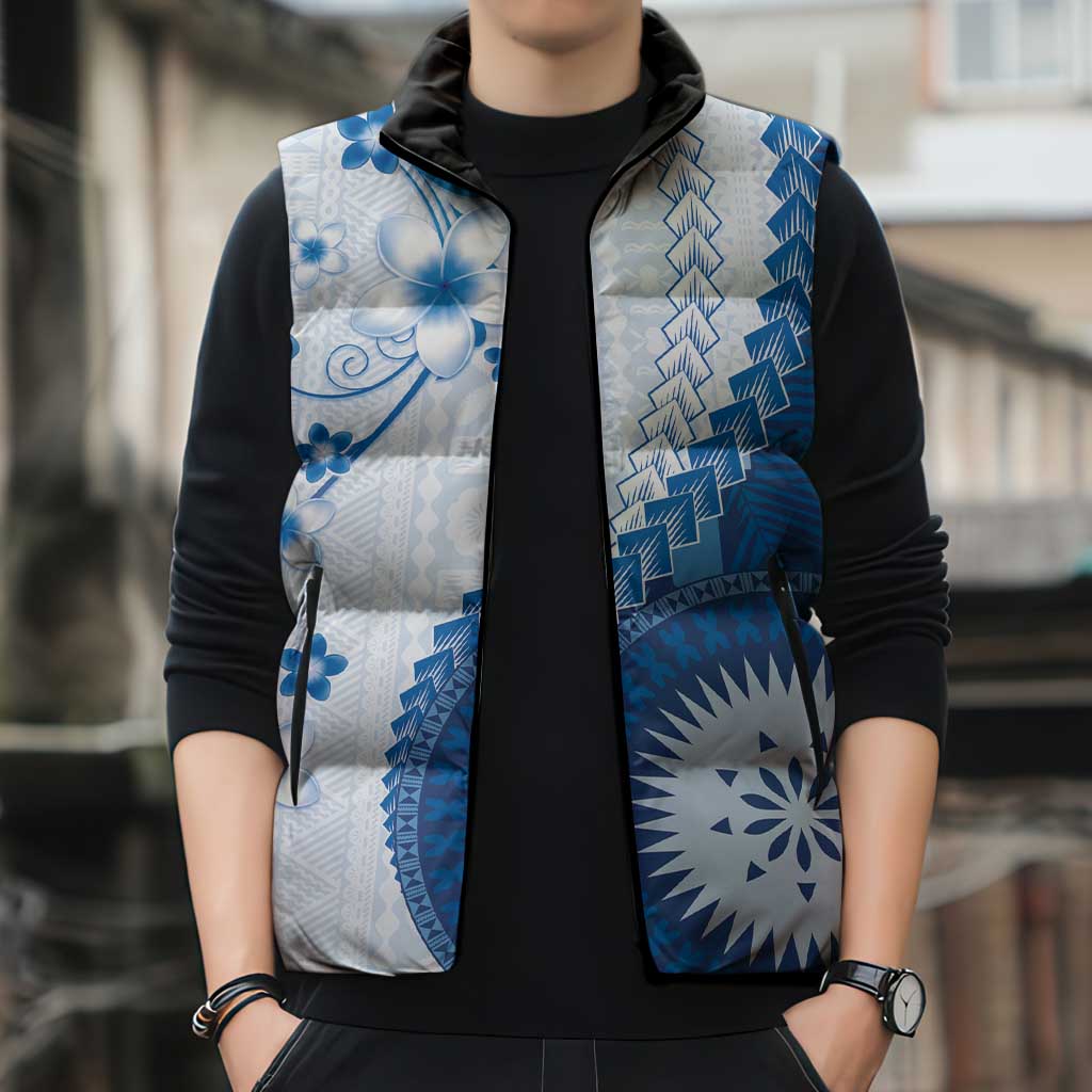 Bula Fiji Sleeveless Puffer Jacket Blue Plumeria Masi Tapa Pattern - Polynesian Pride