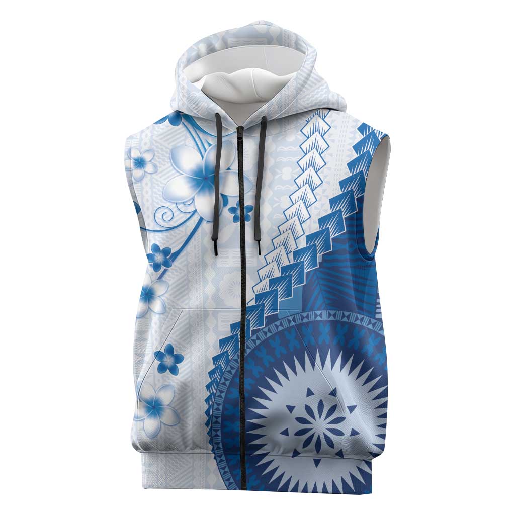 Bula Fiji Sleeveless Zip Hoodie Blue Plumeria Masi Tapa Pattern - Polynesian Pride