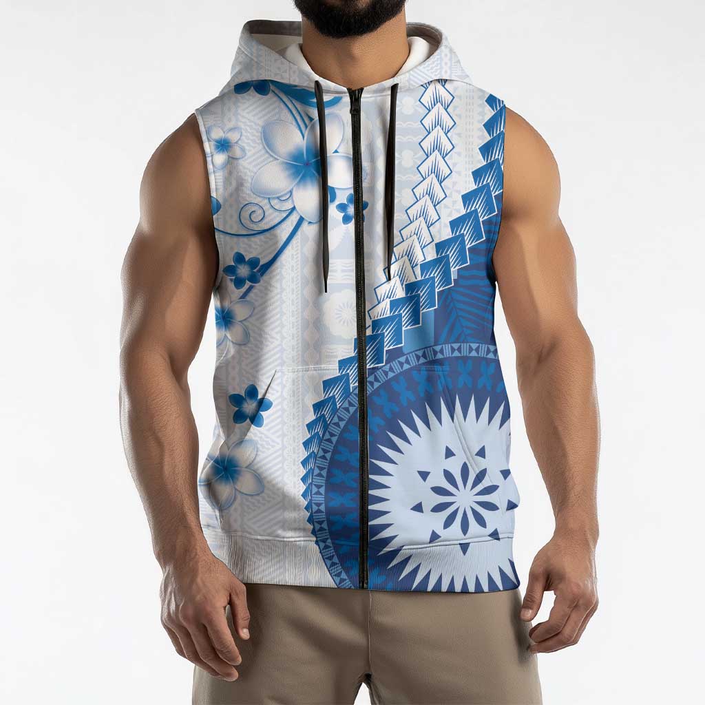 Bula Fiji Sleeveless Zip Hoodie Blue Plumeria Masi Tapa Pattern - Polynesian Pride
