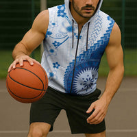 Bula Fiji Sleeveless Zip Hoodie Blue Plumeria Masi Tapa Pattern - Polynesian Pride