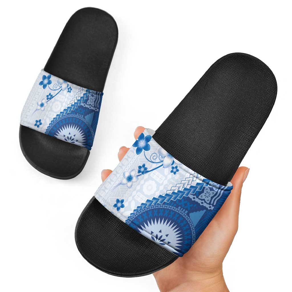 Bula Fiji Slide Sandals Blue Plumeria Masi Tapa Pattern - Polynesian Pride