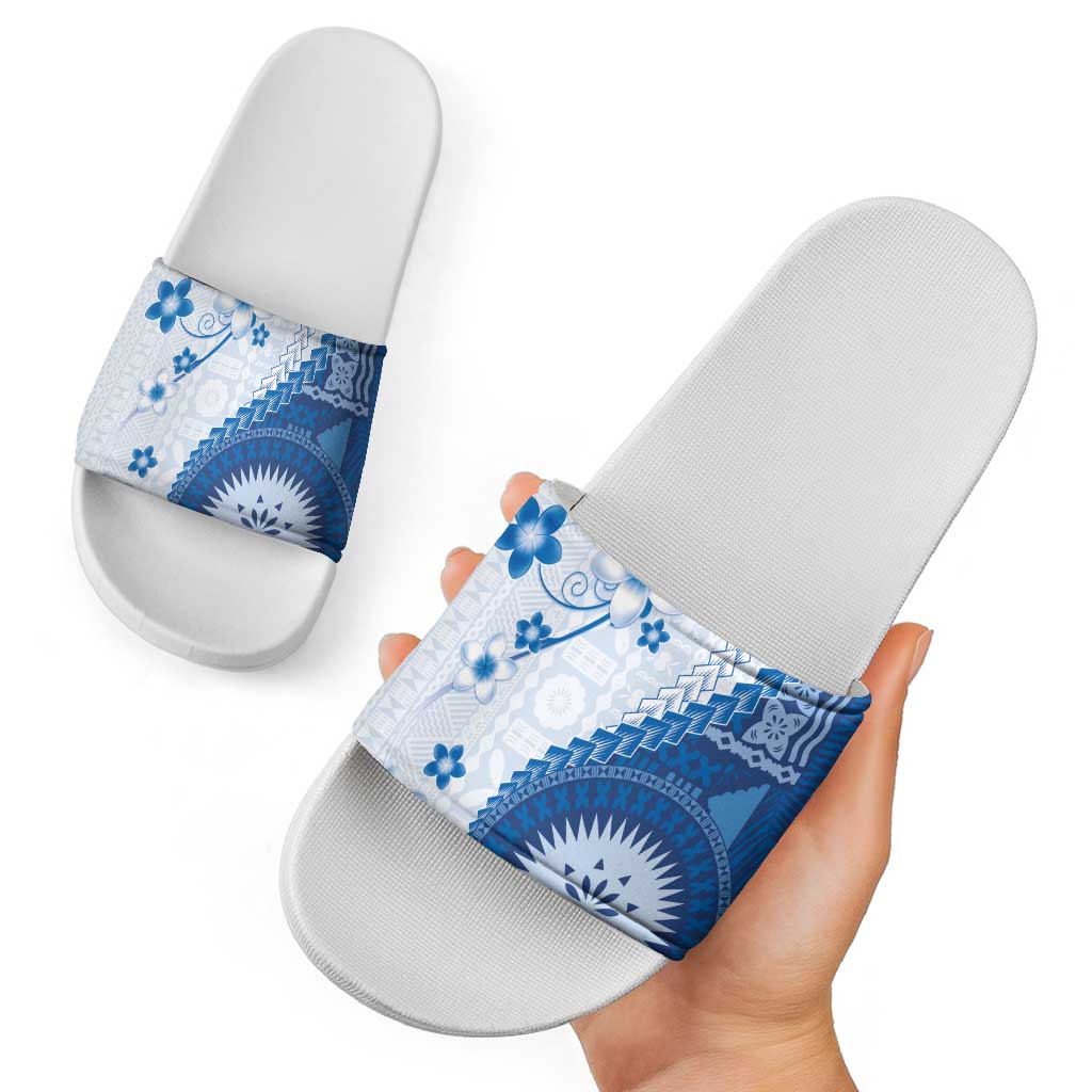 Bula Fiji Slide Sandals Blue Plumeria Masi Tapa Pattern - Polynesian Pride