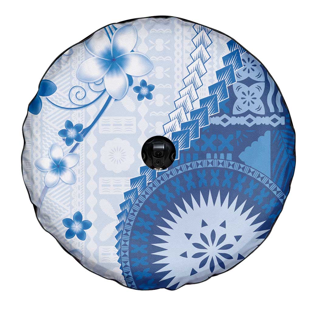 Bula Fiji Spare Tire Cover Blue Plumeria Masi Tapa Pattern - Polynesian Pride