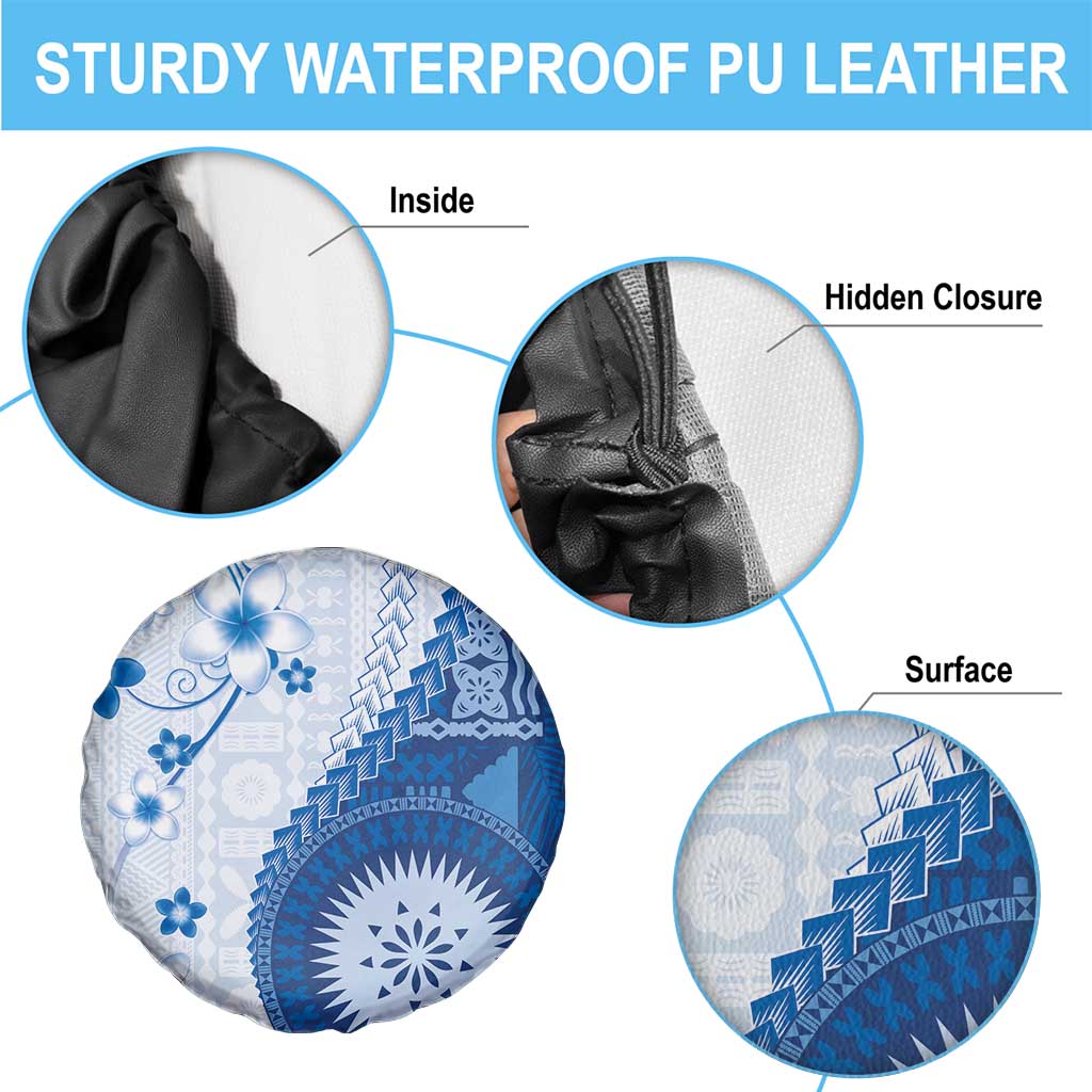 Bula Fiji Spare Tire Cover Blue Plumeria Masi Tapa Pattern - Polynesian Pride