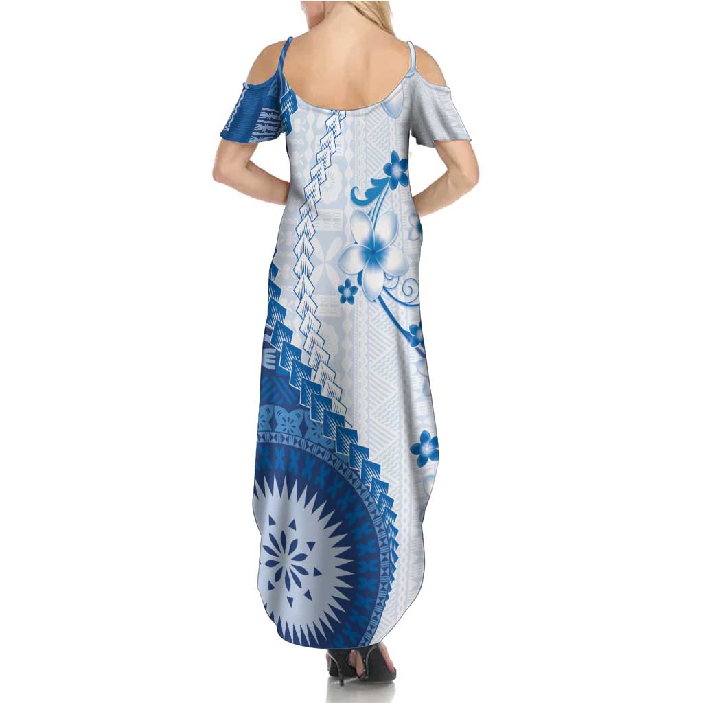 Bula Fiji Summer Maxi Dress Blue Plumeria Masi Tapa Pattern - Polynesian Pride