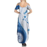 Bula Fiji Summer Maxi Dress Blue Plumeria Masi Tapa Pattern - Polynesian Pride