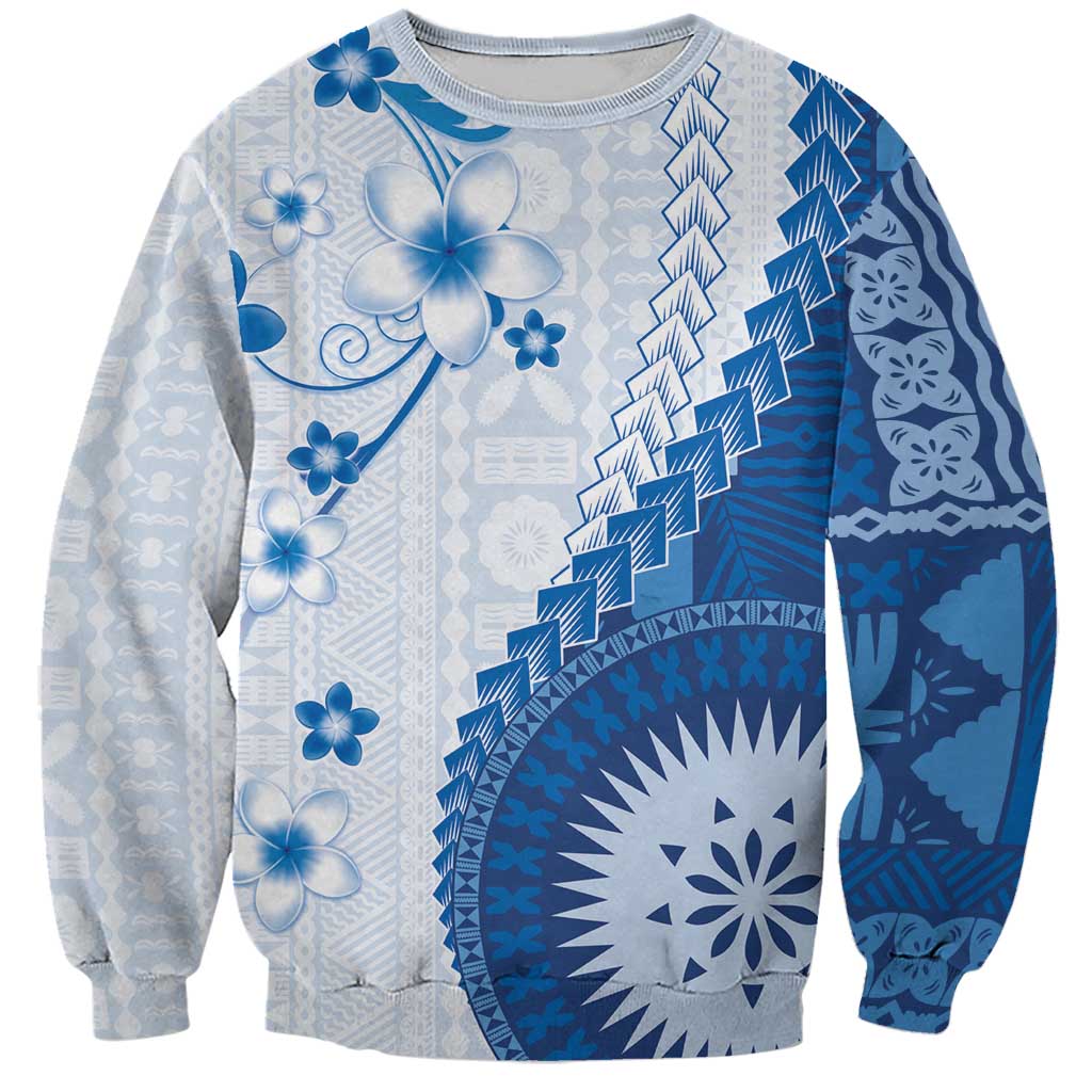 Bula Fiji Sweatshirt Blue Plumeria Masi Tapa Pattern LT05 Unisex Blue - Polynesian Pride