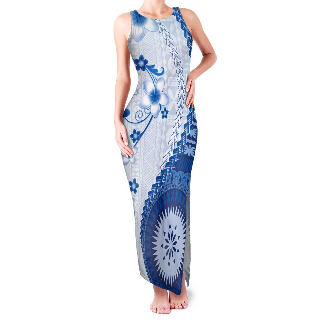 Bula Fiji Tank Maxi Dress Blue Plumeria Masi Tapa Pattern LT05 Women Blue - Polynesian Pride