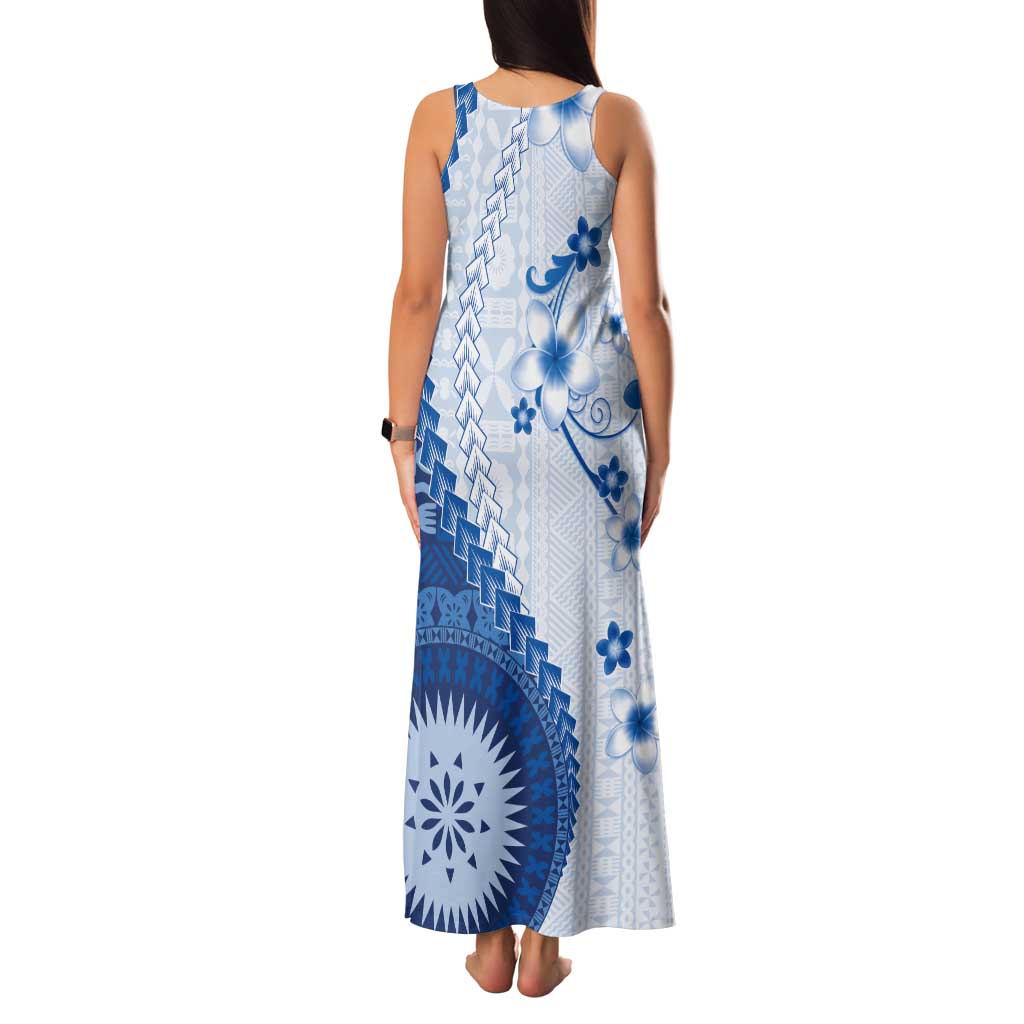 Bula Fiji Tank Maxi Dress Blue Plumeria Masi Tapa Pattern LT05 - Polynesian Pride