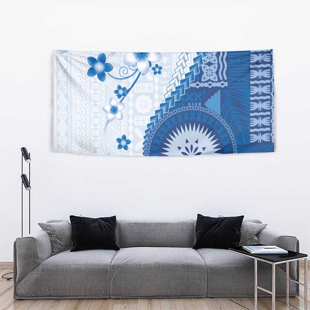 Bula Fiji Tapestry Blue Plumeria Masi Tapa Pattern - Polynesian Pride