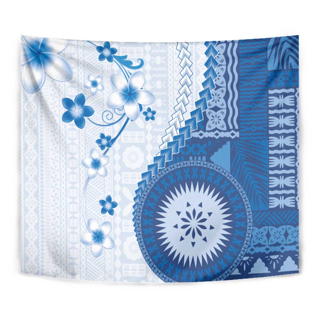 Bula Fiji Tapestry Blue Plumeria Masi Tapa Pattern - Polynesian Pride