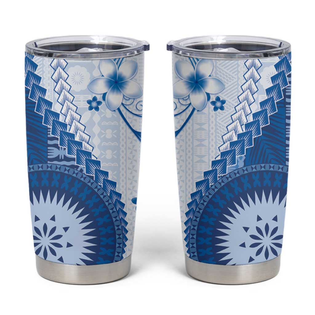 Bula Fiji Tumbler Cup Blue Plumeria Masi Tapa Pattern - Polynesian Pride