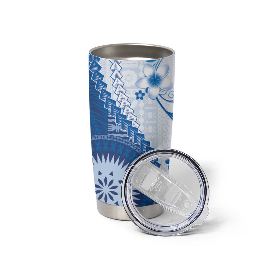 Bula Fiji Tumbler Cup Blue Plumeria Masi Tapa Pattern - Polynesian Pride