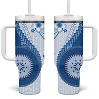 Bula Fiji Tumbler With Handle Blue Plumeria Masi Tapa Pattern - Polynesian Pride