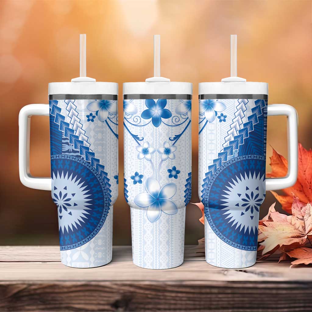 Bula Fiji Tumbler With Handle Blue Plumeria Masi Tapa Pattern - Polynesian Pride