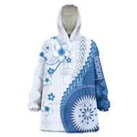 Bula Fiji Wearable Blanket Hoodie Blue Plumeria Masi Tapa Pattern LT05 One Size Blue - Polynesian Pride