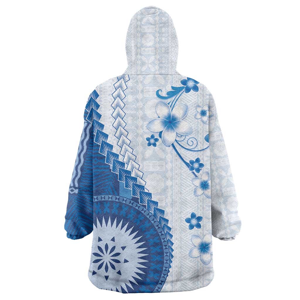Bula Fiji Wearable Blanket Hoodie Blue Plumeria Masi Tapa Pattern LT05 - Polynesian Pride