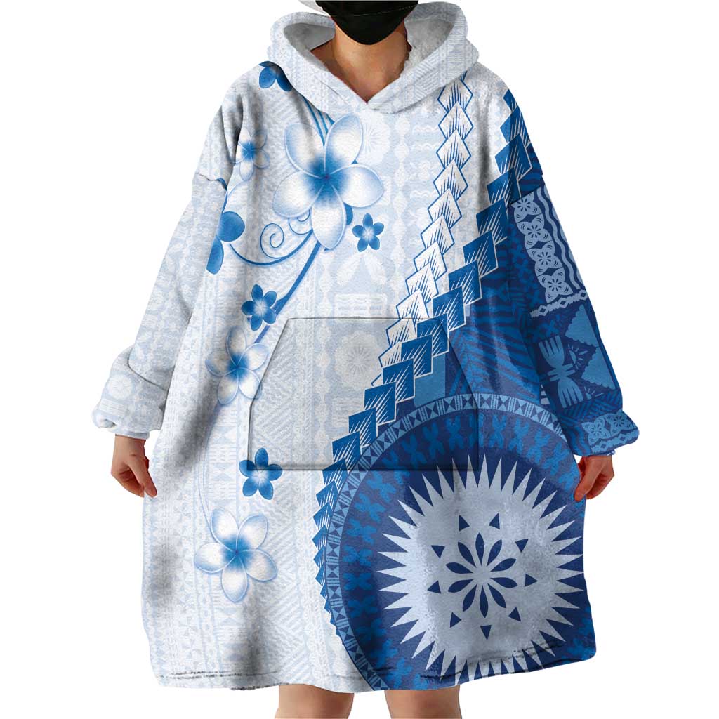 Bula Fiji Wearable Blanket Hoodie Blue Plumeria Masi Tapa Pattern LT05 - Polynesian Pride