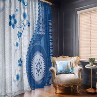 Bula Fiji Window Curtain Blue Plumeria Masi Tapa Pattern - Polynesian Pride