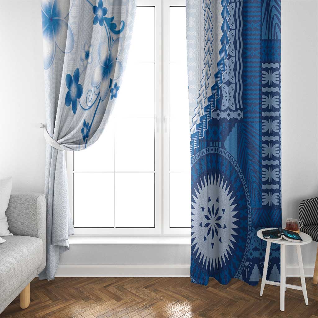 Bula Fiji Window Curtain Blue Plumeria Masi Tapa Pattern - Polynesian Pride