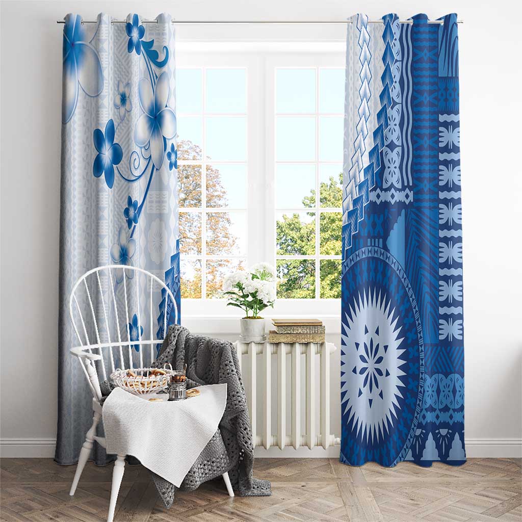 Bula Fiji Window Curtain Blue Plumeria Masi Tapa Pattern - Polynesian Pride