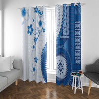 Bula Fiji Window Curtain Blue Plumeria Masi Tapa Pattern - Polynesian Pride
