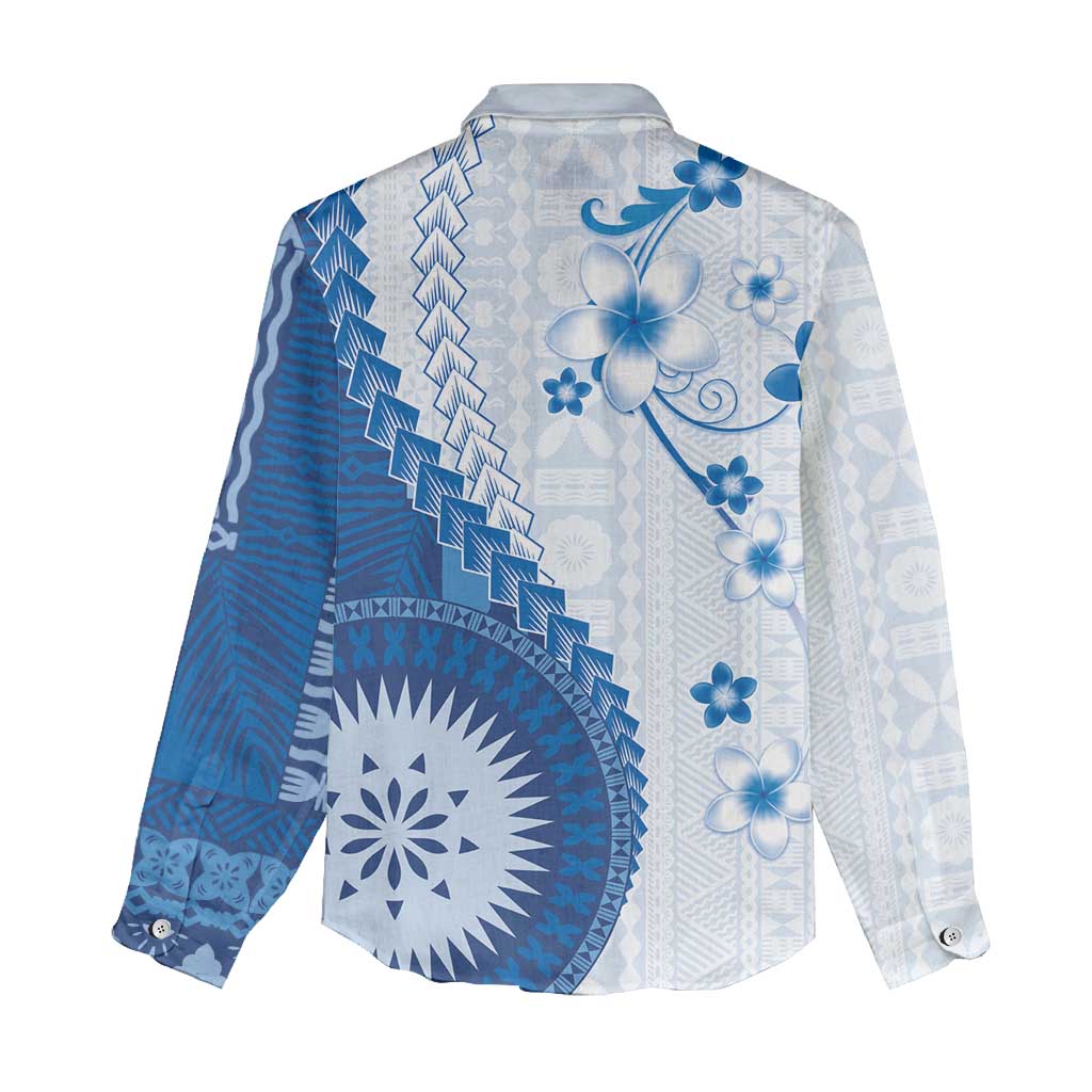Bula Fiji Women Casual Shirt Blue Plumeria Masi Tapa Pattern - Polynesian Pride