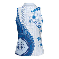 Bula Fiji Women Sleeveless Polo Shirt Blue Plumeria Masi Tapa Pattern - Polynesian Pride