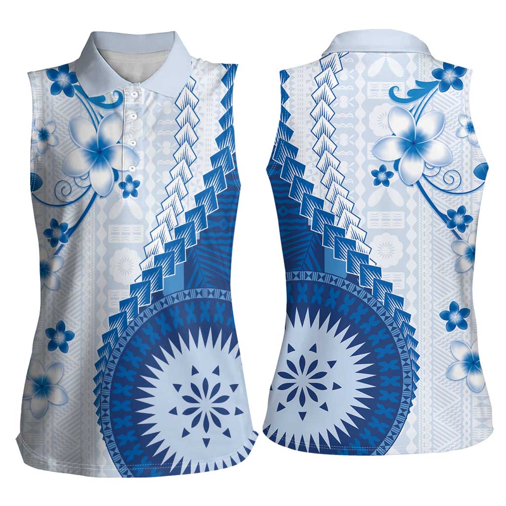 Bula Fiji Women Sleeveless Polo Shirt Blue Plumeria Masi Tapa Pattern - Polynesian Pride