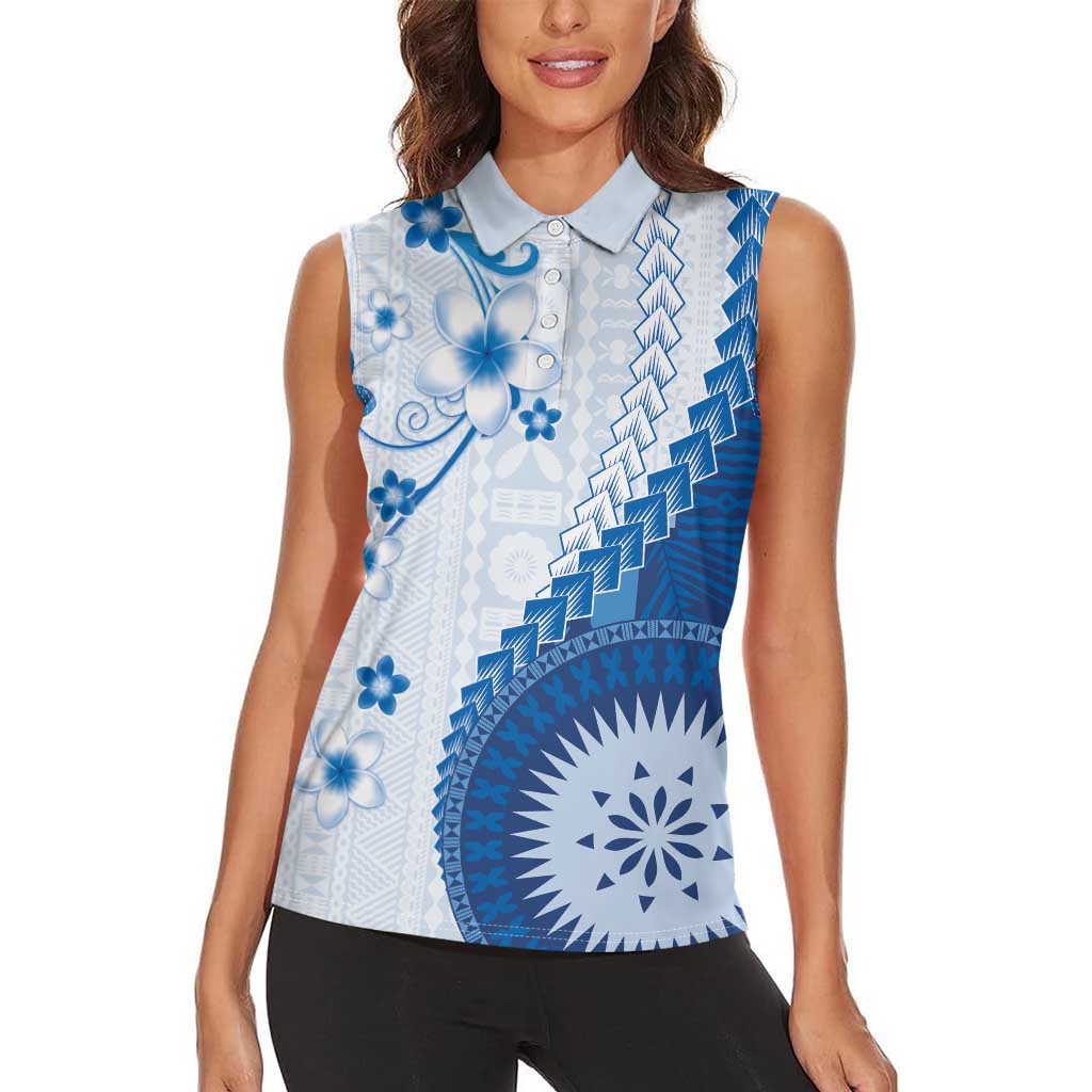 Bula Fiji Women Sleeveless Polo Shirt Blue Plumeria Masi Tapa Pattern - Polynesian Pride