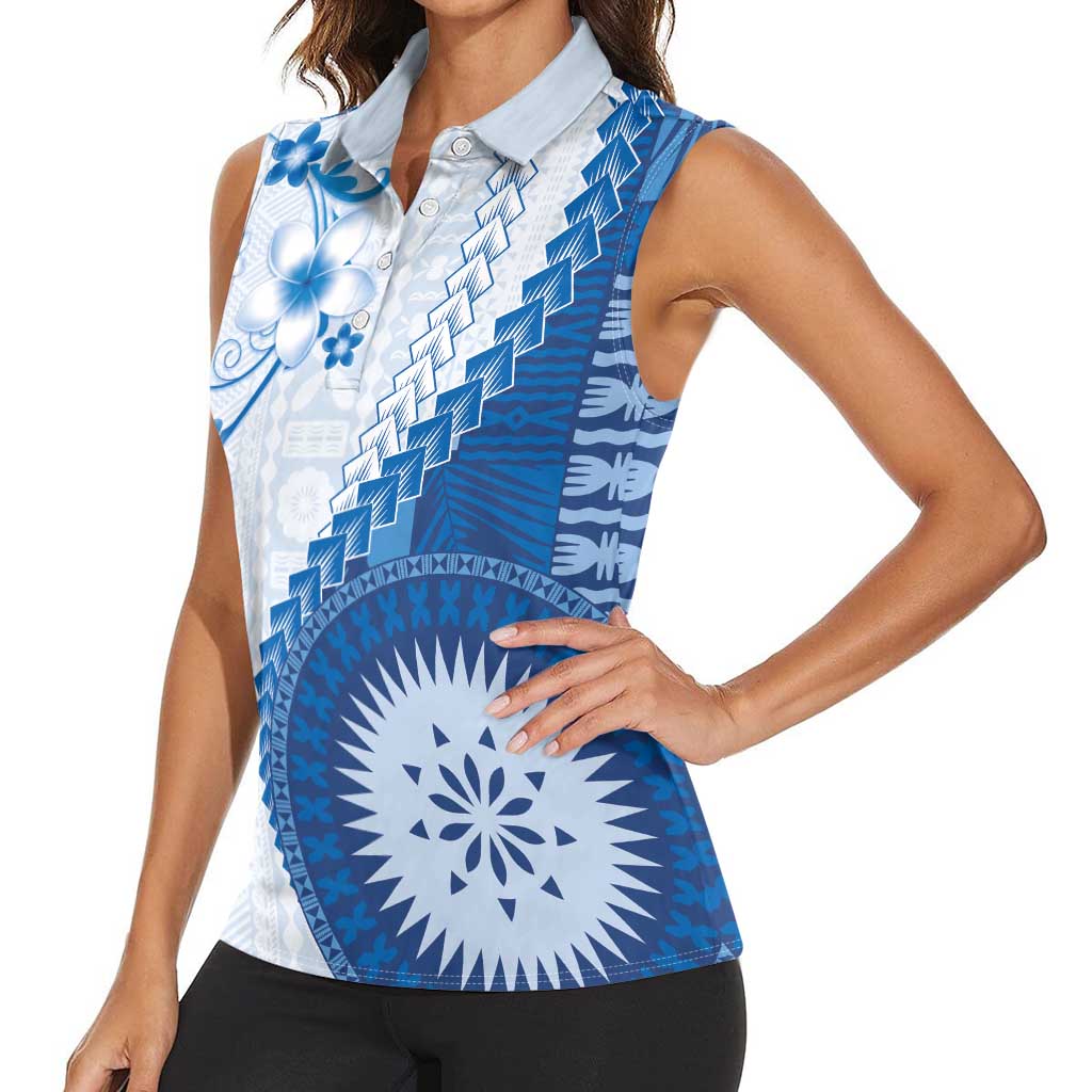 Bula Fiji Women Sleeveless Polo Shirt Blue Plumeria Masi Tapa Pattern - Polynesian Pride