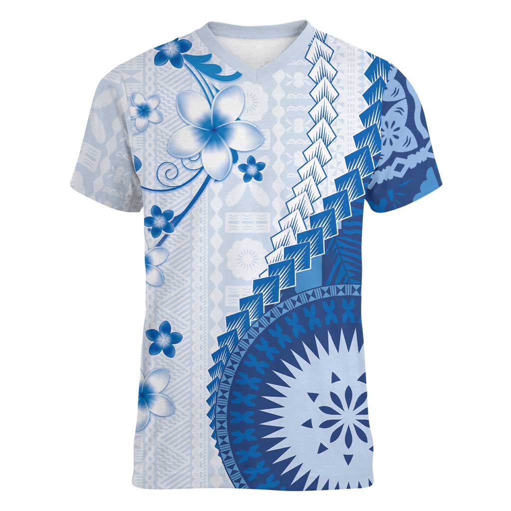 Bula Fiji Women V-Neck T-Shirt Blue Plumeria Masi Tapa Pattern LT05 Female Blue - Polynesian Pride
