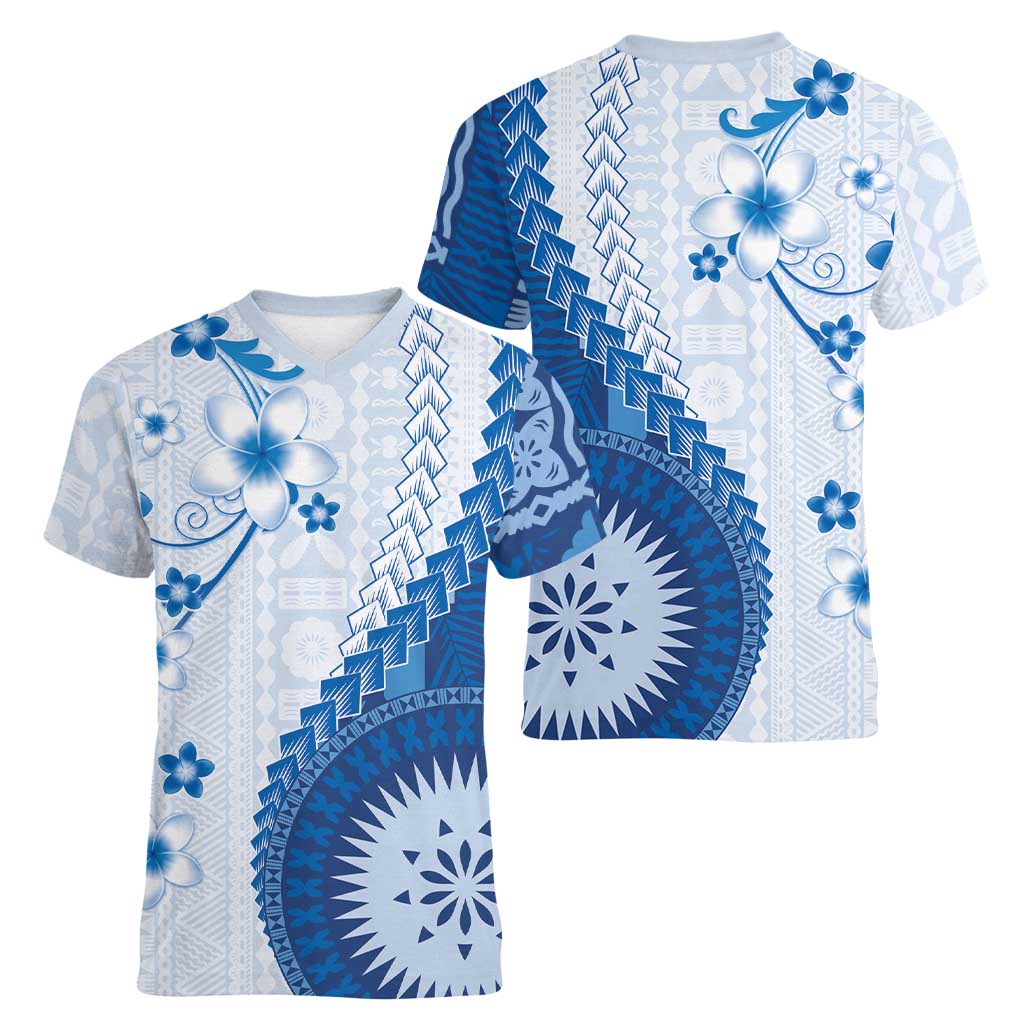 Bula Fiji Women V-Neck T-Shirt Blue Plumeria Masi Tapa Pattern LT05 - Polynesian Pride