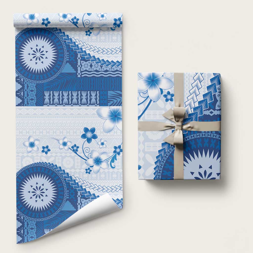 Bula Fiji Wrapping Paper Blue Plumeria Masi Tapa Pattern LT05 58" × 23" Blue - Polynesian Pride