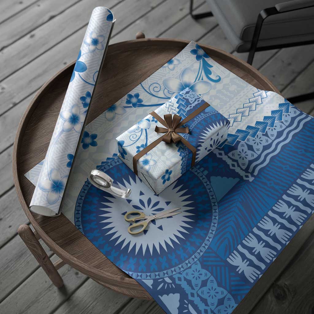 Bula Fiji Wrapping Paper Blue Plumeria Masi Tapa Pattern LT05 - Polynesian Pride