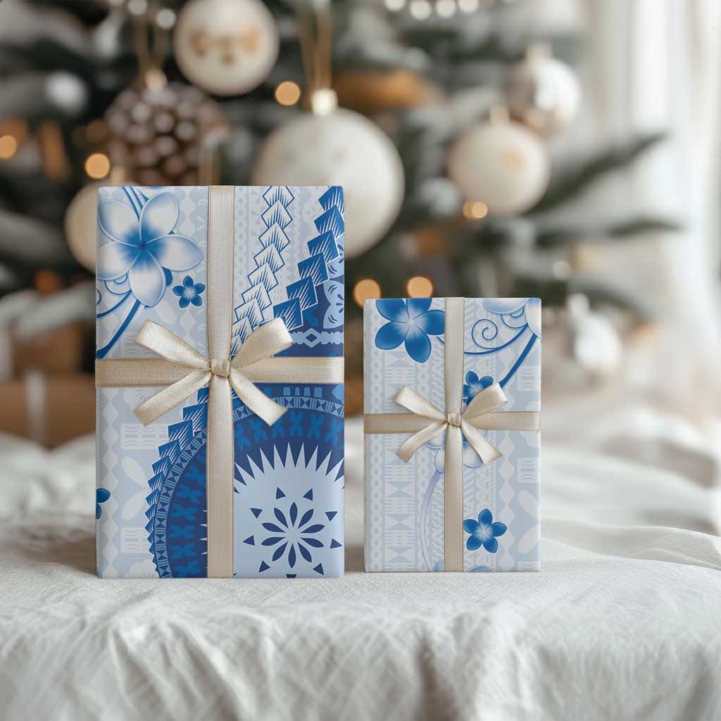 Bula Fiji Wrapping Paper Blue Plumeria Masi Tapa Pattern LT05 - Polynesian Pride