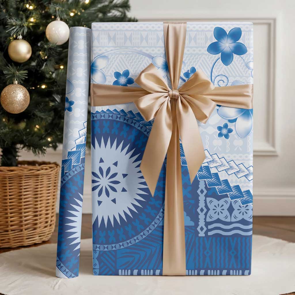 Bula Fiji Wrapping Paper Blue Plumeria Masi Tapa Pattern LT05 - Polynesian Pride