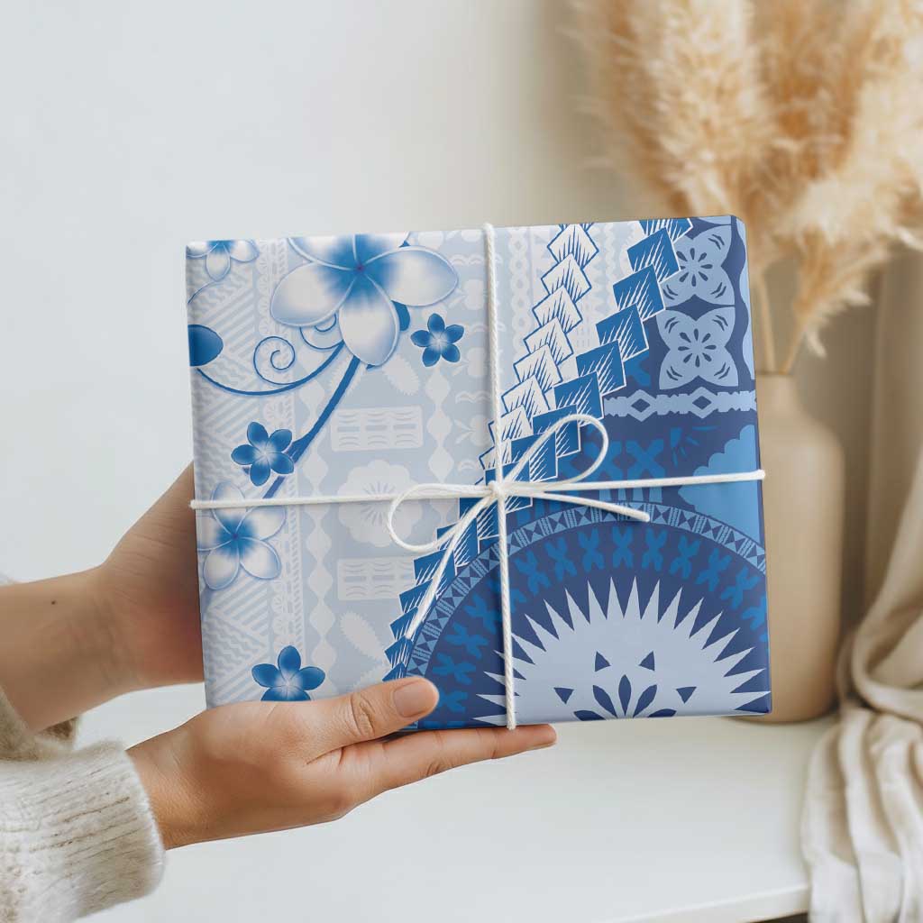 Bula Fiji Wrapping Paper Blue Plumeria Masi Tapa Pattern LT05 - Polynesian Pride