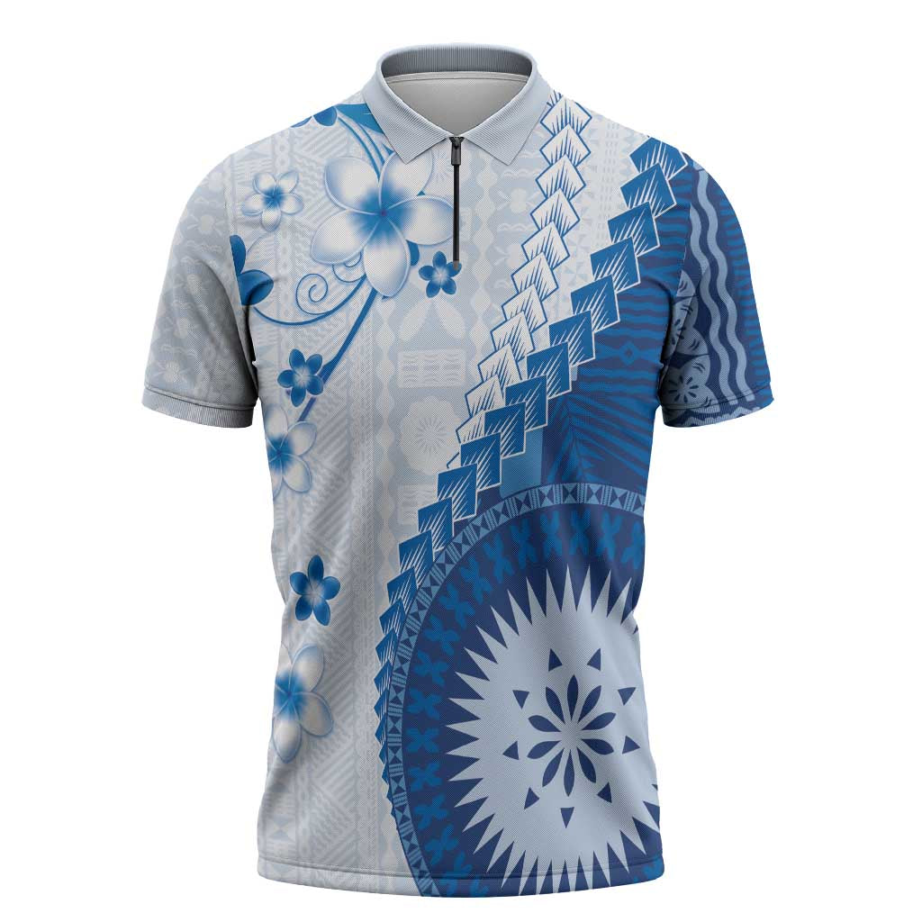 Bula Fiji Zipper Polo Shirt Blue Plumeria Masi Tapa Pattern - Polynesian Pride