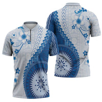 Bula Fiji Zipper Polo Shirt Blue Plumeria Masi Tapa Pattern - Polynesian Pride