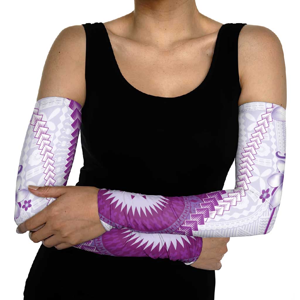 Bula Fiji Arm Sleeves Violet Plumeria Masi Tapa Pattern - Polynesian Pride