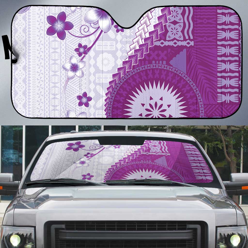 Bula Fiji Auto Sun Shade Violet Plumeria Masi Tapa Pattern - Polynesian Pride