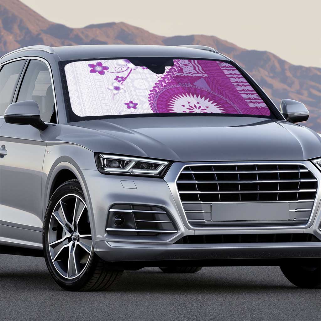 Bula Fiji Auto Sun Shade Violet Plumeria Masi Tapa Pattern - Polynesian Pride