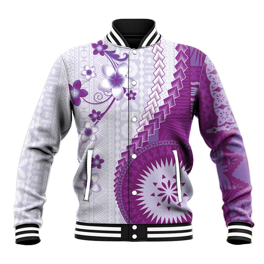 Bula Fiji Baseball Jacket Violet Plumeria Masi Tapa Pattern - Polynesian Pride