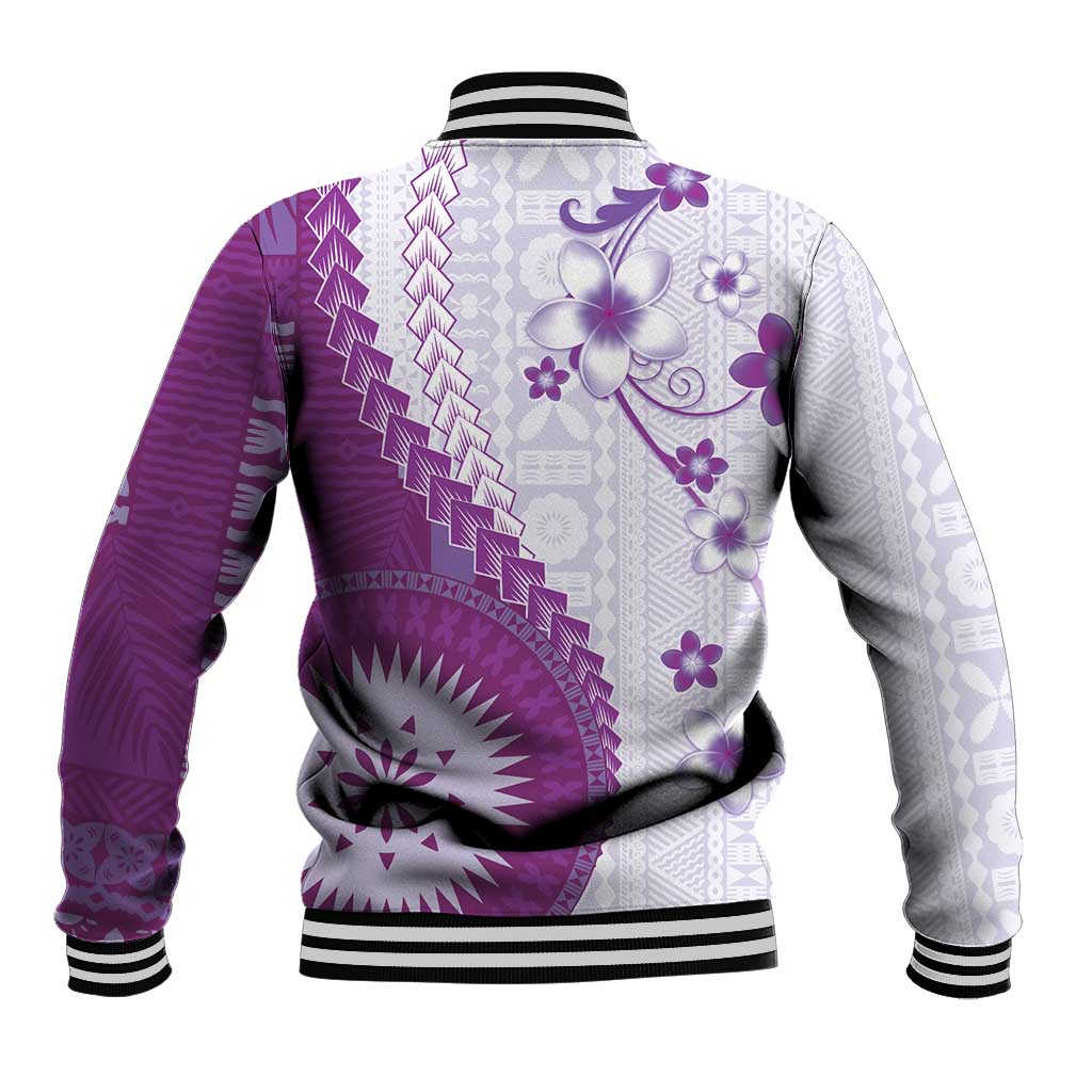 Bula Fiji Baseball Jacket Violet Plumeria Masi Tapa Pattern - Polynesian Pride
