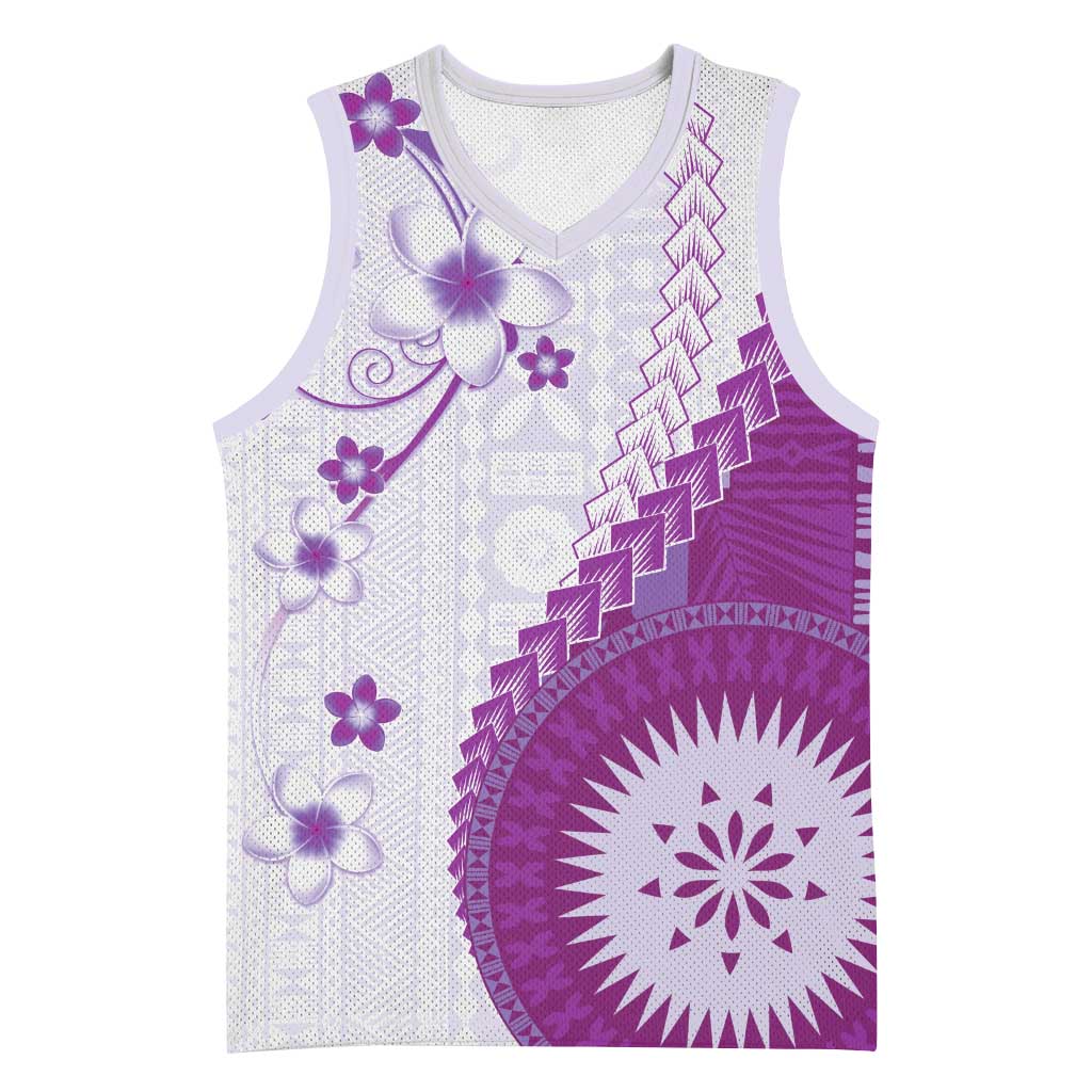 Bula Fiji Basketball Jersey Violet Plumeria Masi Tapa Pattern - Polynesian Pride