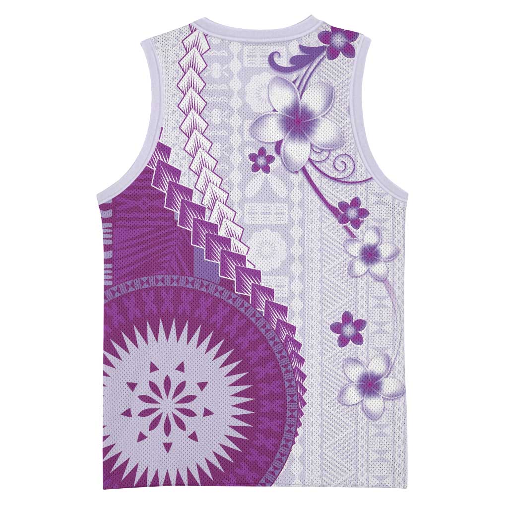 Bula Fiji Basketball Jersey Violet Plumeria Masi Tapa Pattern - Polynesian Pride