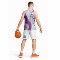 Bula Fiji Basketball Jersey Violet Plumeria Masi Tapa Pattern - Polynesian Pride