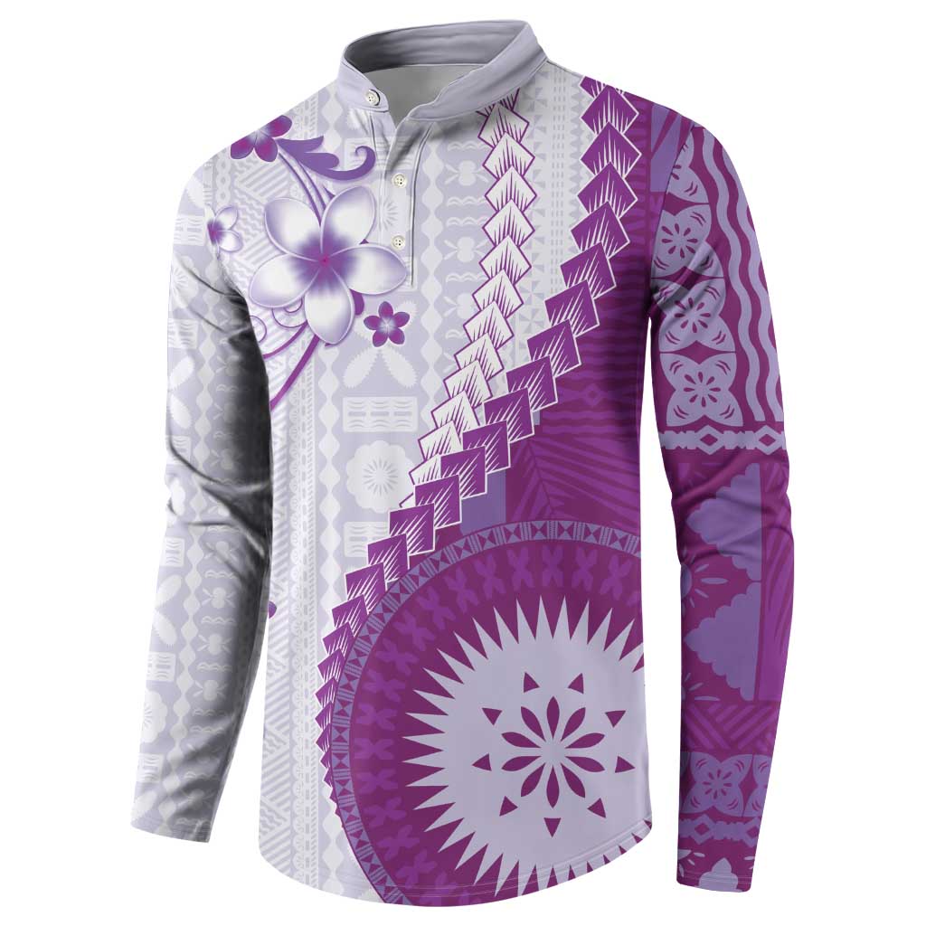 Bula Fiji Button Sweatshirt Violet Plumeria Masi Tapa Pattern - Polynesian Pride