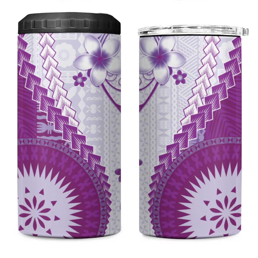 Bula Fiji 4 in 1 Can Cooler Tumbler Violet Plumeria Masi Tapa Pattern - Polynesian Pride